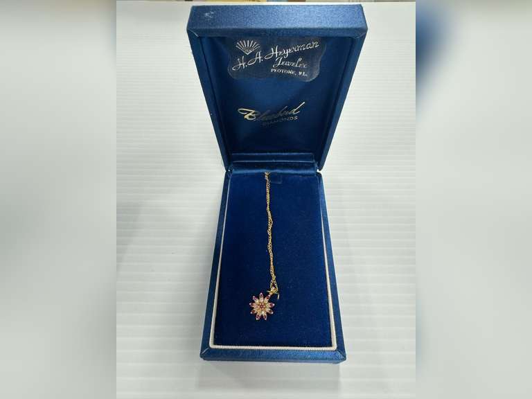 Matching 14K Set of Ruby and Diamond Flower Design Gold-tone Necklace and earrings