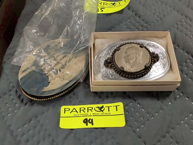 2 Belt Buckles Dwight D. Eisenhower Coin and Relief Style Ship Carving