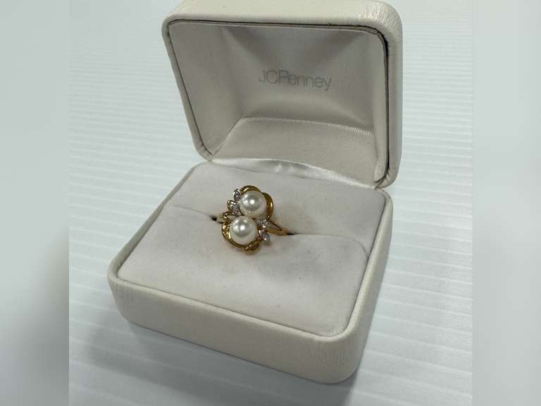 14K Yellow Gold Dual Pearl Diamond Ring