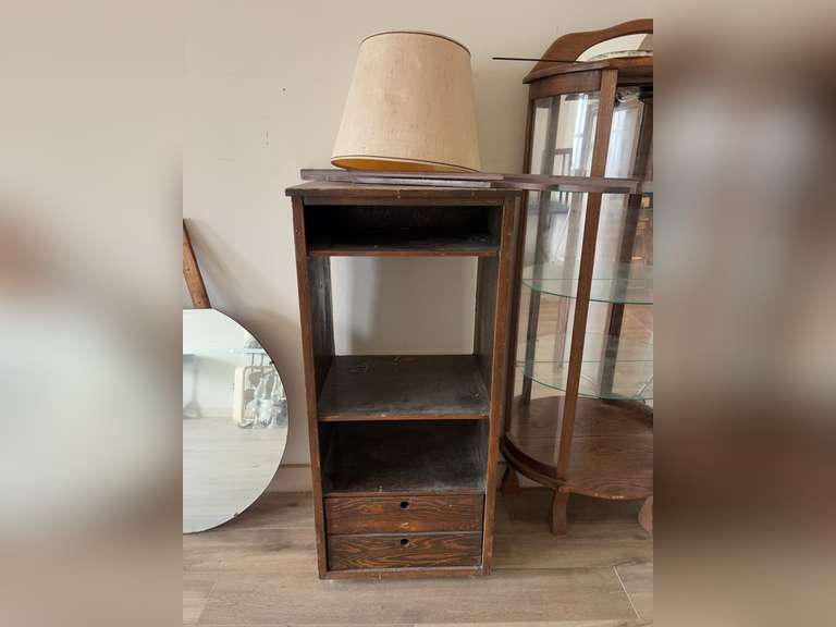 Small wooden bookcase with 2 drawers, lamp shade