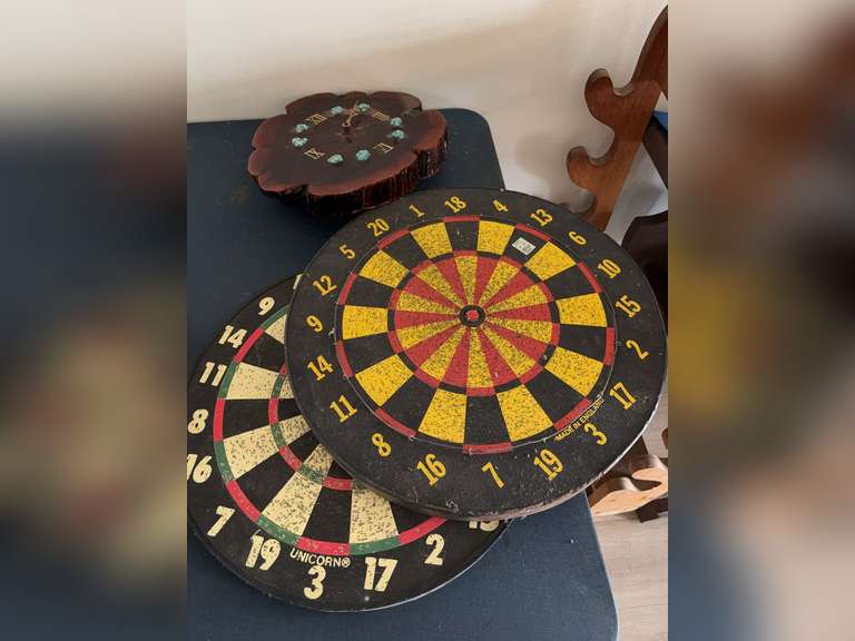 Plant stand, decorative clock, 2 dart boards