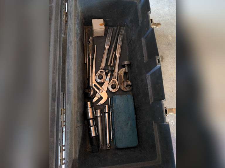 Tool box of sockets, Craftsman Reciprocating Saw, and Toolbox of Misc.