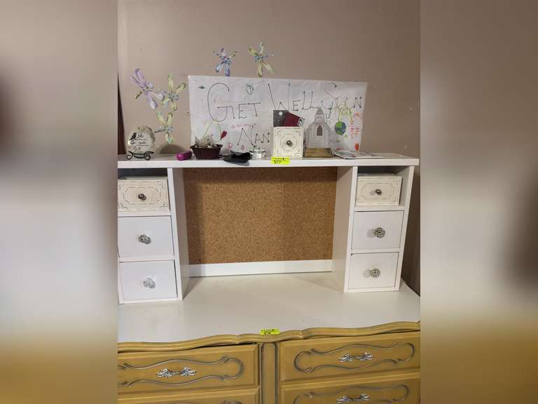 Desk backdrop with 6 drawers including miscellaneous items on top