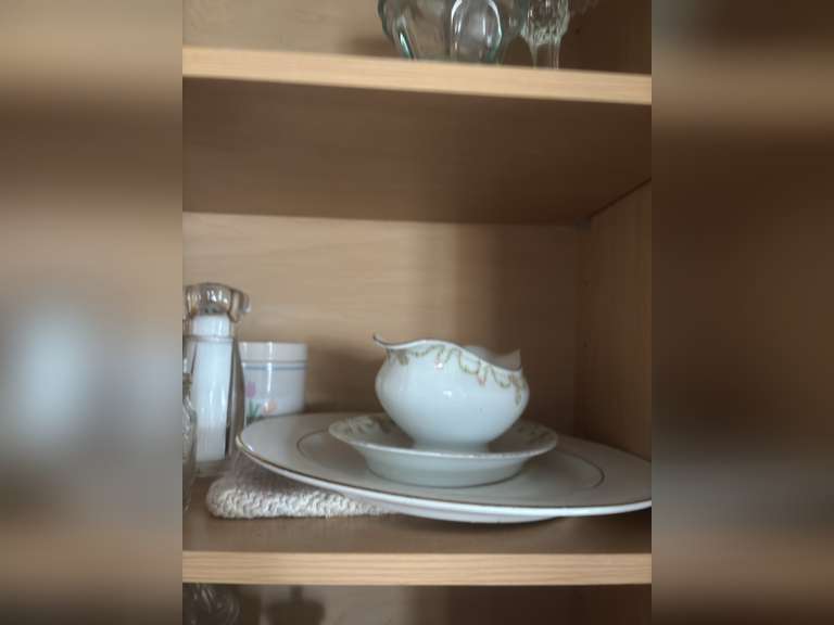 Shelf of glassware ( eye washer, covered candy, toothpick holder, and other glassware