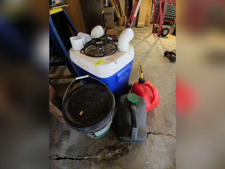 Roof and foundation sealer, oil and gas can , and cooler with fan mounted in it