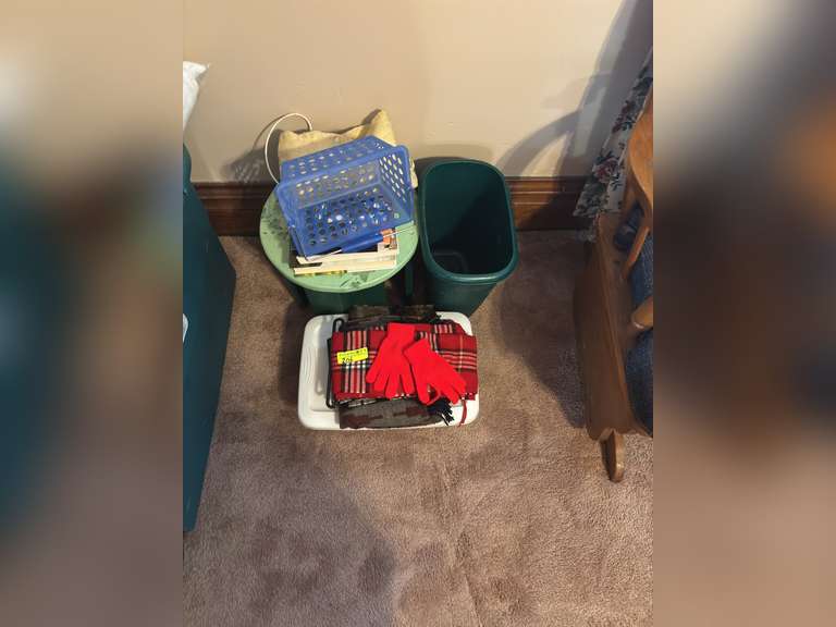 Box of yarn, heat pad, trash can, etc.