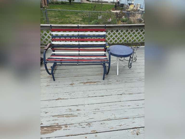 Red White and Blue Rocking chair with other blue porch furniture