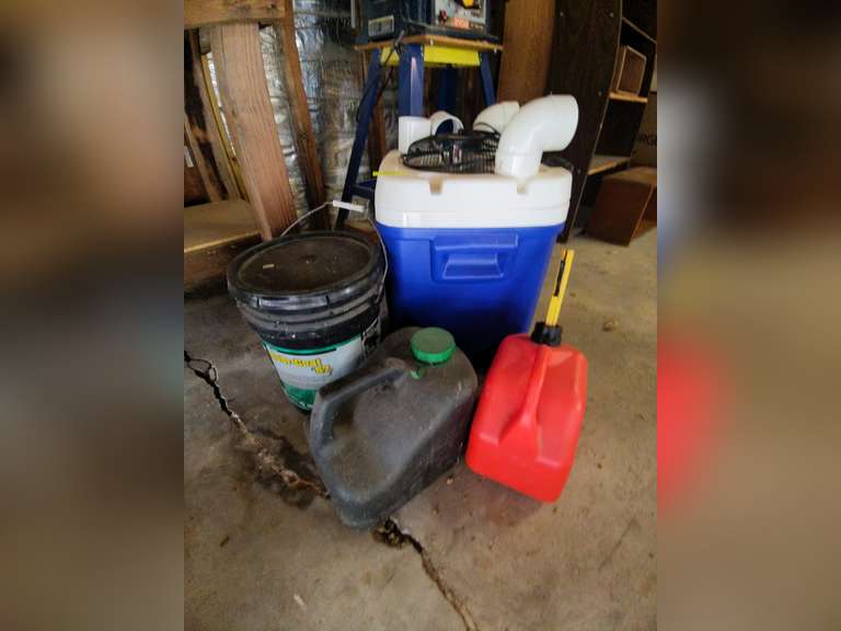 Roof and foundation sealer, oil and gas can , and cooler with fan mounted in it