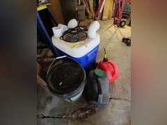 Roof and foundation sealer, oil and gas can , and cooler with fan mounted in it