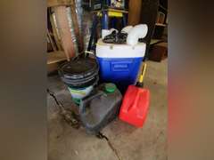 Roof and foundation sealer, oil and gas can , and cooler with fan mounted in it
