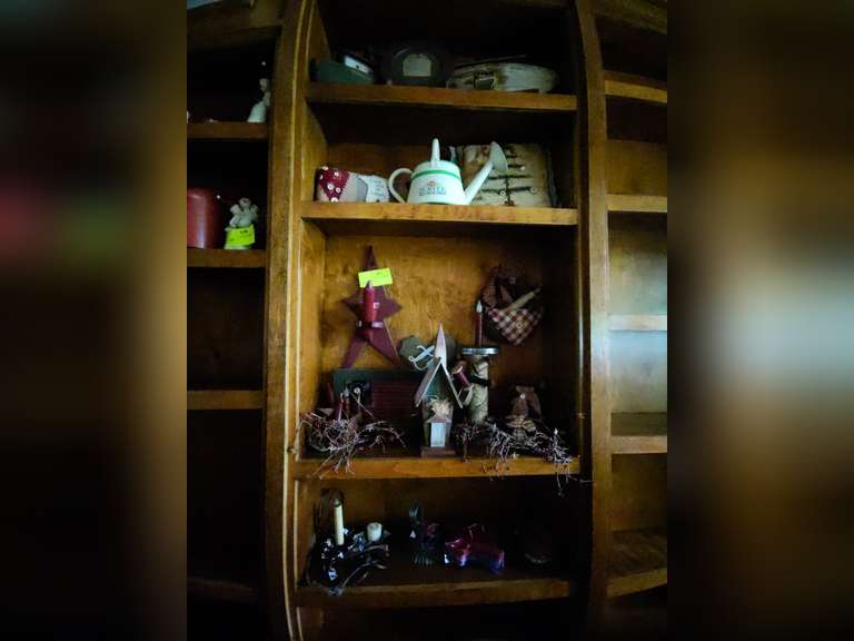 4 shelves of Americana, Ozark pillows, candle holders etc