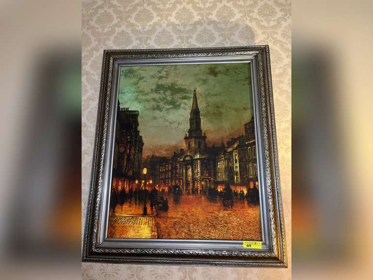 Printed oil on canvas painting of a cathedral and downtown street scene