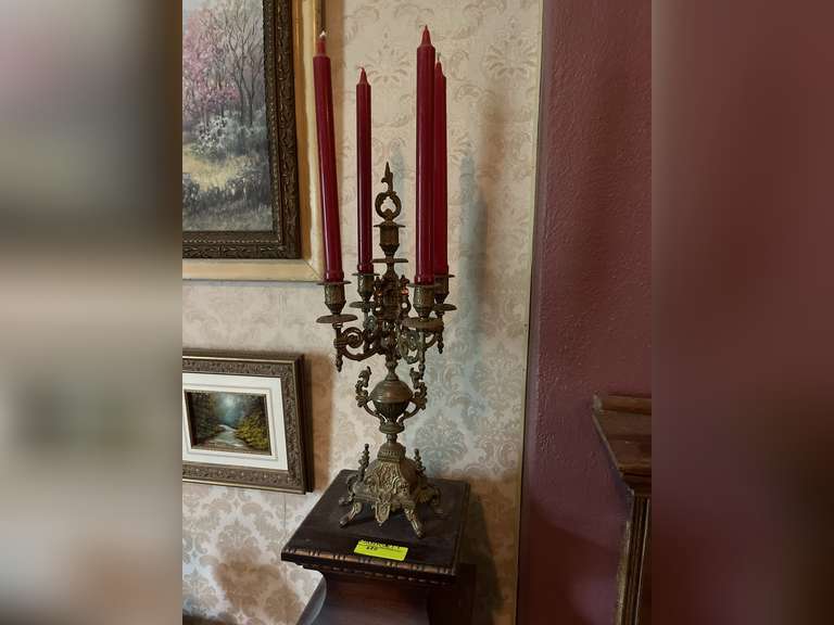 2 matching pedestals with carved moldings and 2 candelabras
