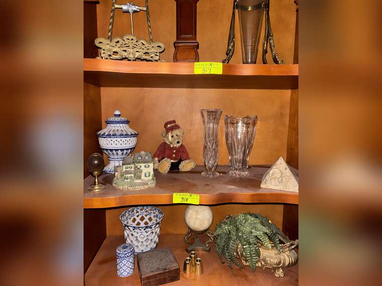 Egyptian pyramid, glass vases, decorative house, bellhop teddy bear