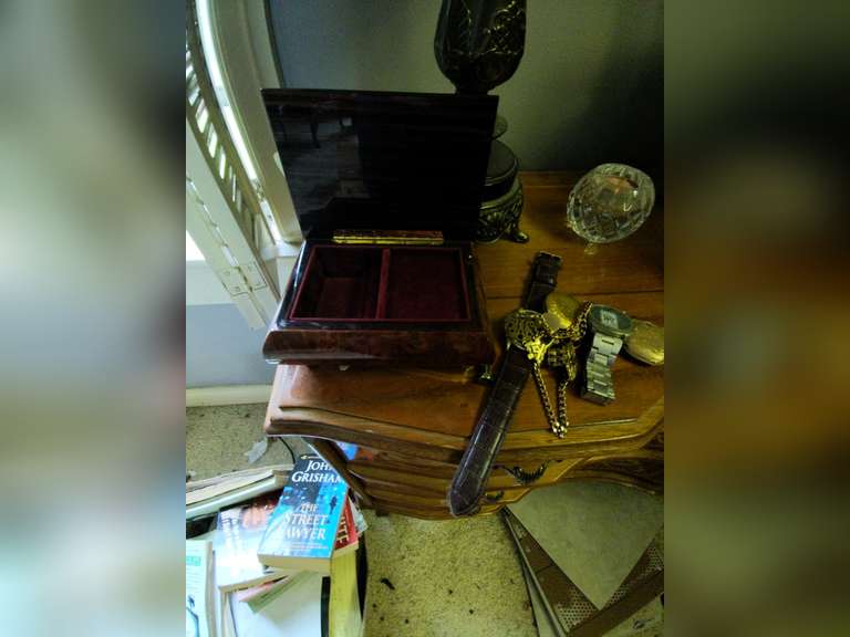 Wooden jewelry & music box w/ various watches