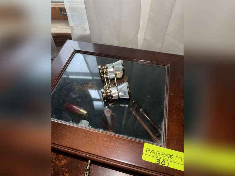 Opera glasses with mother of pearl, and display case full of Van Cort kaleidoscope, other kaleidosco