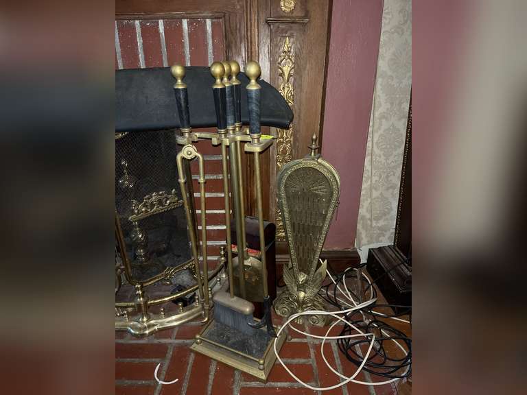 Fireplace tools, brass fender and firescreen