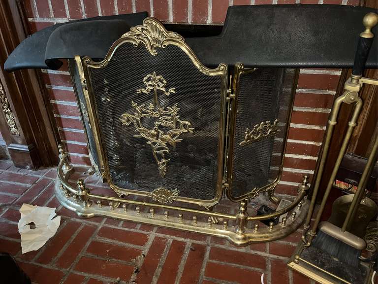 Fireplace tools, brass fender and firescreen