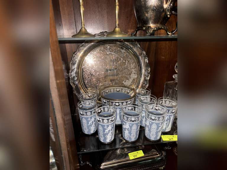 Wedgwood set of 8 glasses and larger glass, silver plate serving tray