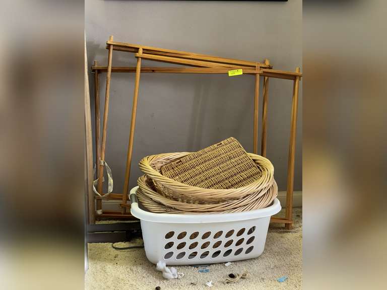 Clothing & towel rack w/wicker & plastic laundry basket