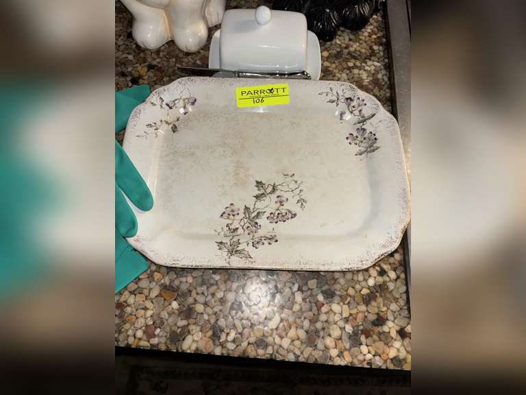 Ceramic Tray, butter dish, and 2 dog cookie jars