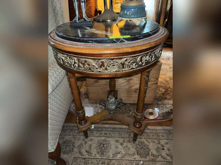 Marble insert occasional table with fresh ormolu and decor on Top