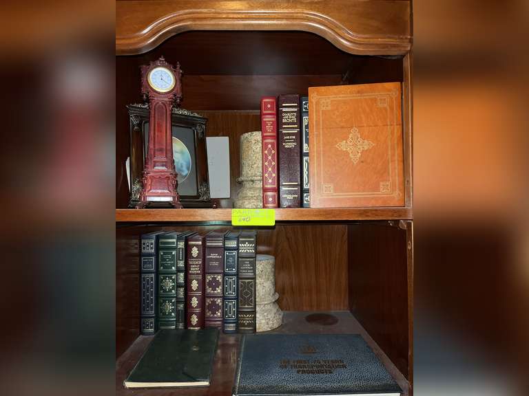 Lithographic Shakespeare print with marble book rests, small shelf clock(damaged) and books on two s