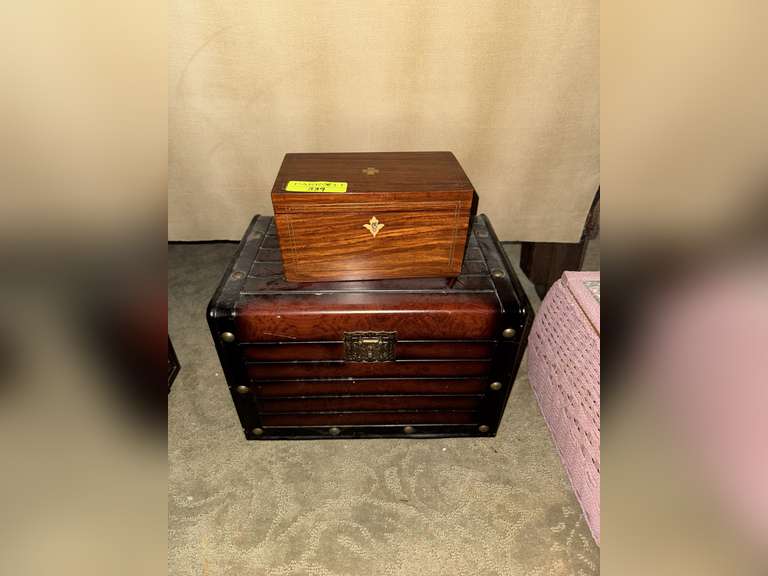 Wooden inlay box with small trunk chest
