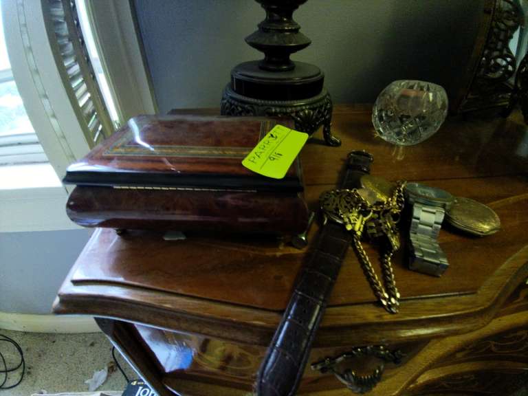 Wooden jewelry & music box w/ various watches