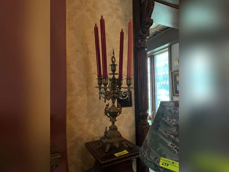 2 matching pedestals with carved moldings and 2 candelabras