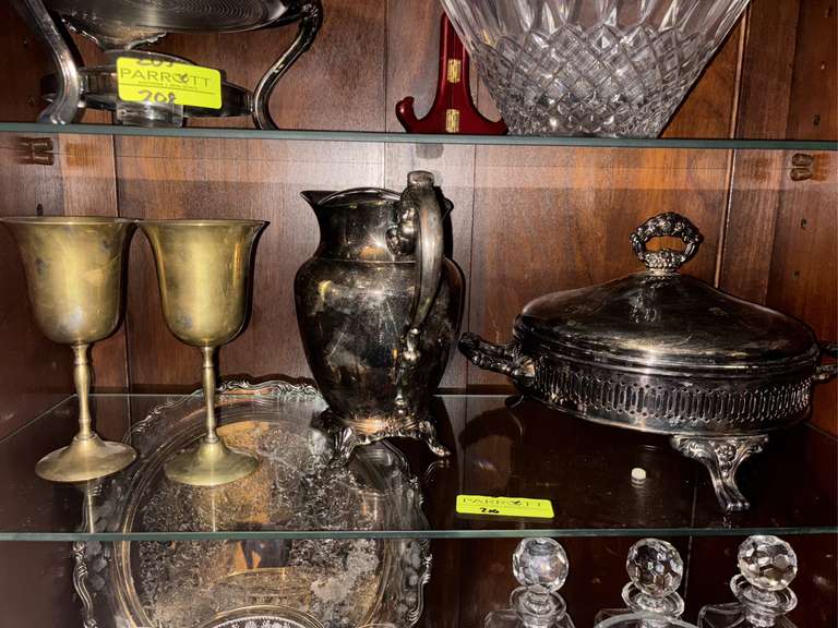 Silver plate assortment of pitcher & pie plate and 2 brass goblets