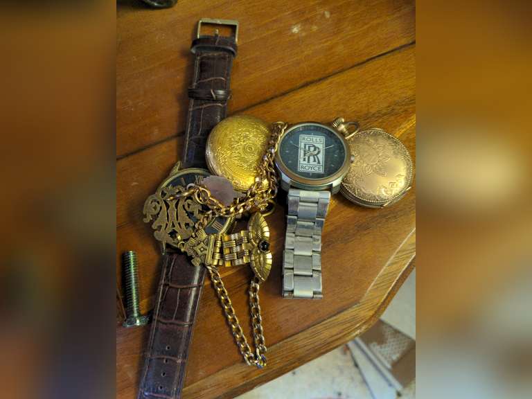 Wooden jewelry & music box w/ various watches