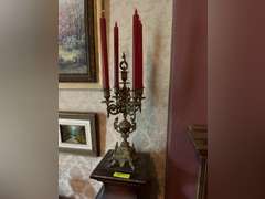 2 matching pedestals with carved moldings and 2 candelabras