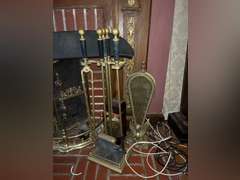 Fireplace tools, brass fender and firescreen