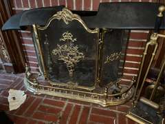 Fireplace tools, brass fender and firescreen