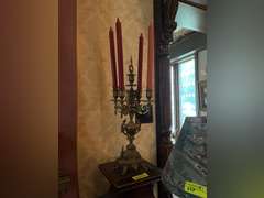 2 matching pedestals with carved moldings and 2 candelabras