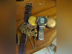Wooden jewelry & music box w/ various watches
