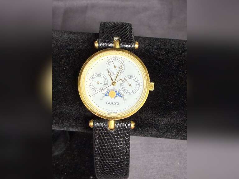 GUCCI Moon Pahe Men's Watch, Swiss Made, Black Leather Band, Quartz Movement