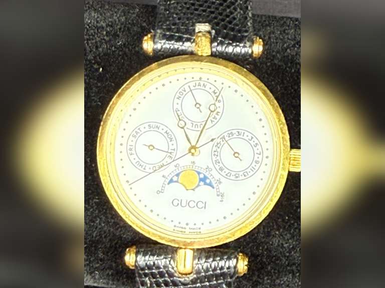 GUCCI Moon Pahe Men's Watch, Swiss Made, Black Leather Band, Quartz Movement