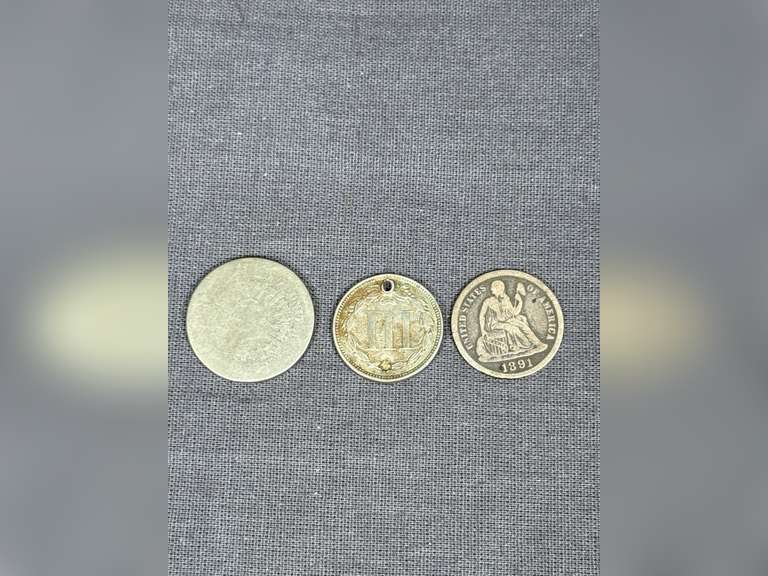 3 Coins (Liberty Dime Punched, Sitting Liberty Dime, and other coin)