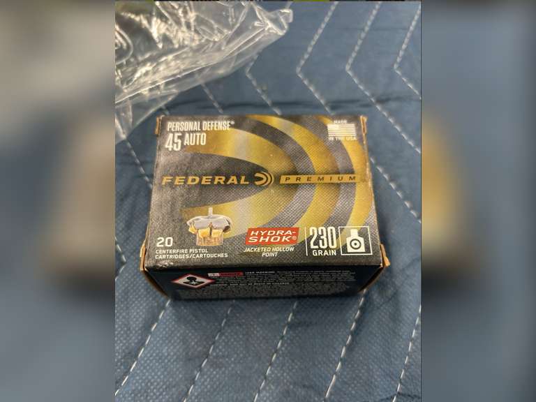 (1) Box of 20,  45 Auto, 230 Grain Personal Defense Rounds (Hydra-Shok) Jacketed Hallow Points, Made by Federal Premium