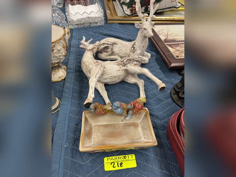 Glazed Pottery Ceramic Bird Serving Dish & White Set of Deer Figures