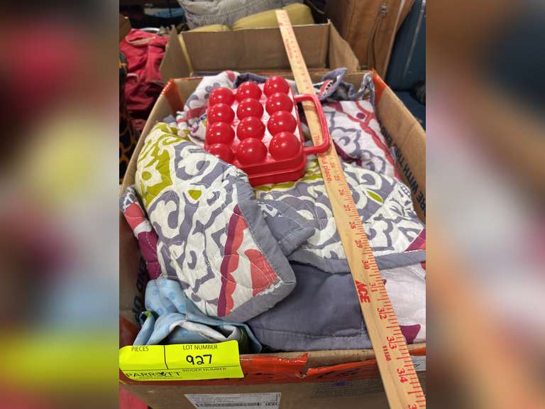 Box of miscellaneous (quilt, flags, pumpkin decor, and more)