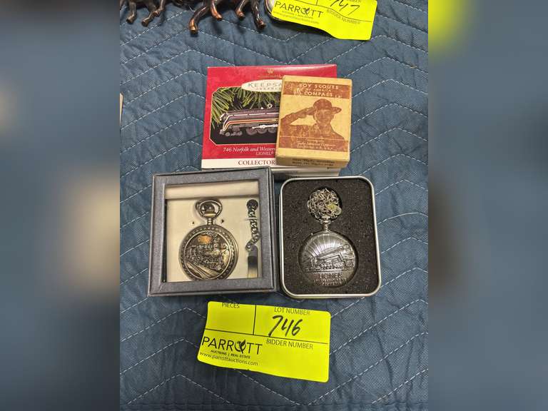 Various Lionel train accessories, Christmas ornament, 2 pocket watches, & boy scout compass