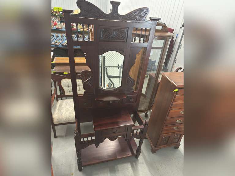 Ornate style mirror and single drawer piece with railings and knobs (dark wood style)