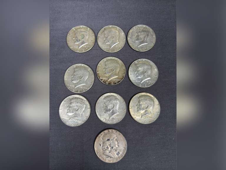 Pre-1970s 9 Kennedy Half Dollars with 1 Franklin Half Dollar