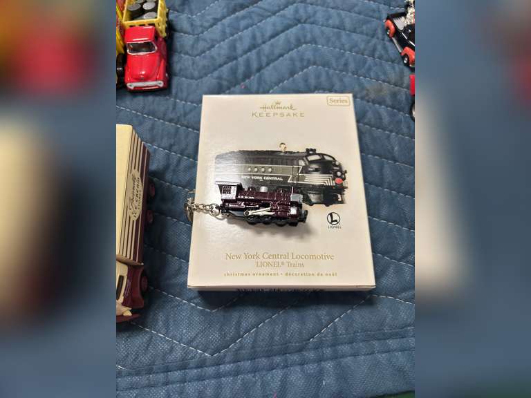 Brand name box trucks, school buses, and Hallmark New York Central Locomotive Christmas ornament