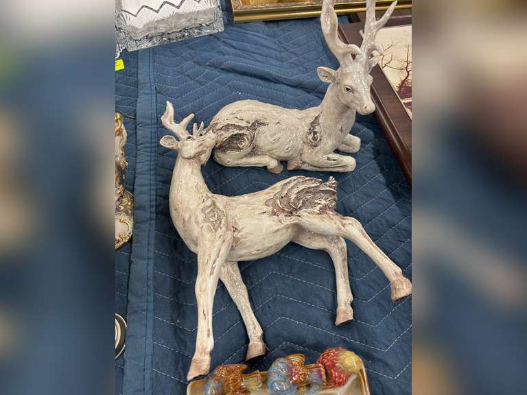 Glazed Pottery Ceramic Bird Serving Dish & White Set of Deer Figures