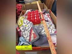 Box of miscellaneous (quilt, flags, pumpkin decor, and more)