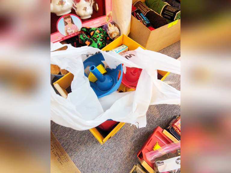 Old toys, stuffed animals, and 17 piece tea play set